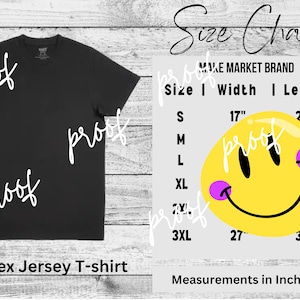 May include: Black unisex jersey t-shirt with a size chart showing measurements in inches. The chart includes sizes S, M, L, XL, 2XL, and 3XL with corresponding width and length measurements.