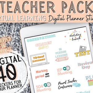 May include: A digital planner sticker pack for teachers with 40 pre-cropped stickers for Goodnotes. The stickers feature colorful illustrations and text related to virtual learning, in-person lessons, meetings, and holidays. The text includes "Virtual Lessons", "In Person Lessons", "Holiday Break", "Grades Due", "Observation", "Marking Period", "504 Meeting", "IEP Meeting", "Parent Teacher Conferences", "Review Day", "Test", and "PLC Meeting".