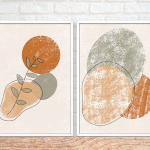 Boho Art Set of 2 Abstract Burnt Orange Terracotta Mid Century Modern Prints, Bohemian Geometric Green and Beige Wall Art, INSTANT DOWNLOAD