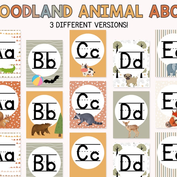 Classroom Alphabet Posters Woodland Animal Theme, Adventure Classroom ABC Posters, Neutral Homeschool Alphabet Decor, Primary Class Decor