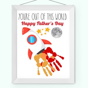 Vaderdag handafdruk kunst, Rocket Vaderdag handafdruk ambacht, Happy Fathers Day handafdruk ambachtelijke kunstwerken van kind, verf handafdruk cadeau