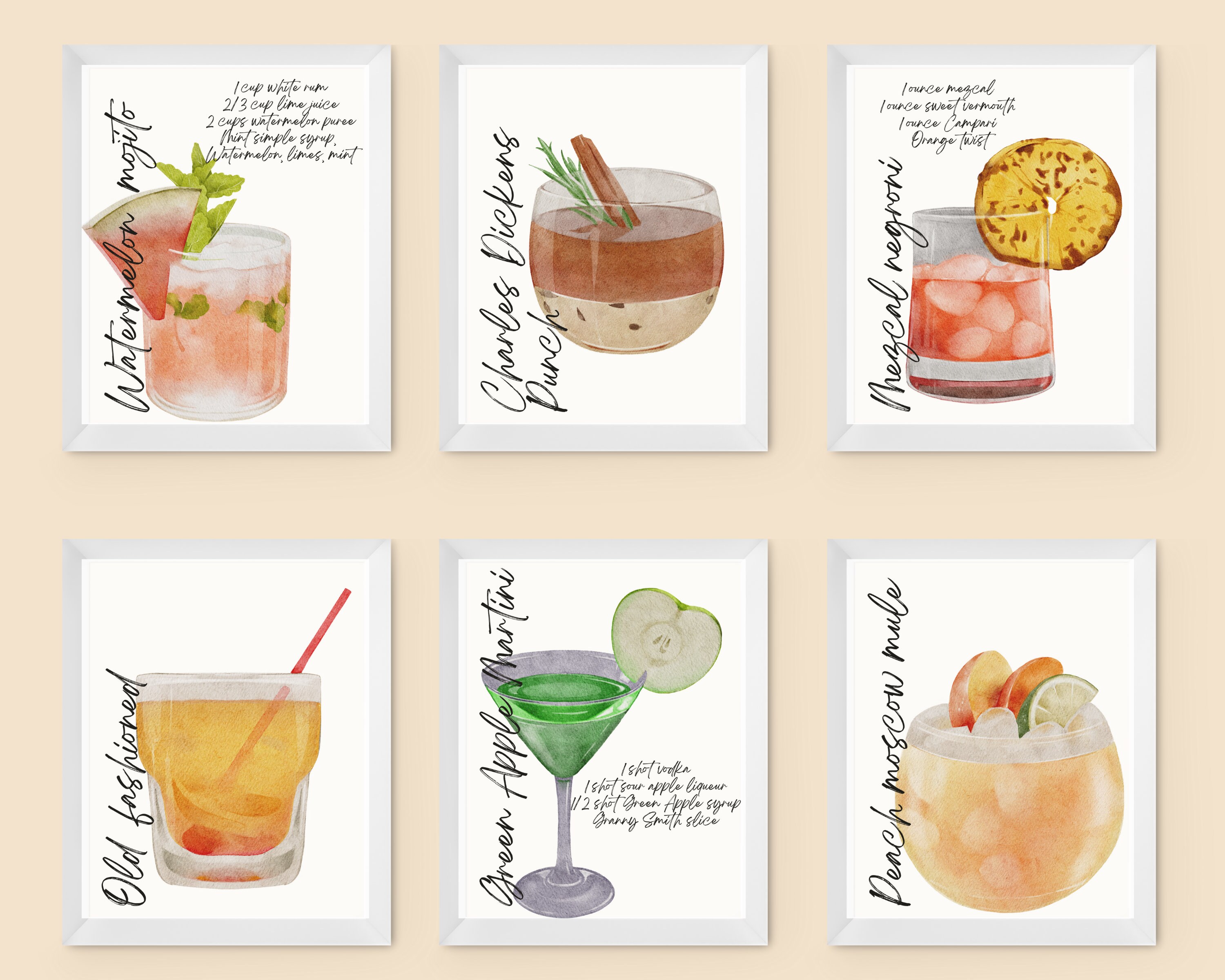 Bartender Drink Recipe Watercolor Gallery Wall Printable Bar Etsy