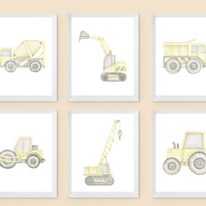 Set of 6 Construction Vehicles Watercolor Gallery Wall, Boys Nursery Dump Truck Art, Nursery Room Wall Art, Yellow Construction Trucks