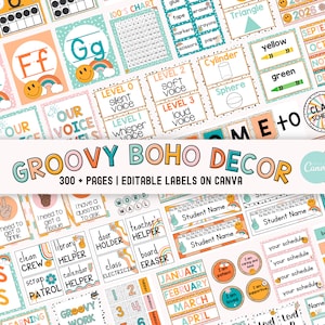 Boho Groovy Classroom Decor Bundle, Complete Boho Classroom Collection, Boho Retro Classroom Theme Printables, Editable Classroom Posters
