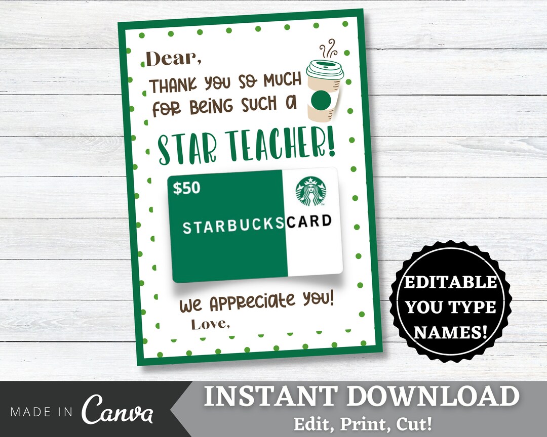 Starbucks Teacher Appreciation Printable Gift Card Holder Teacher