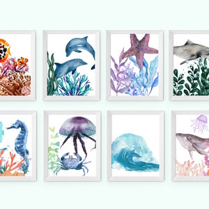 Set of 8 Ocean Animal Watercolor Gallery Wall, Nursery Beach Ocean Marine Animal Prints, Nursery Room Wall Art, Ocean Gallery Wall, Beach