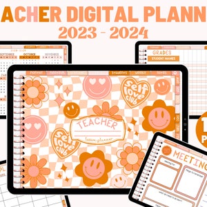 Boho Smiley Teacher Lesson Planner 2023 - 2024, Digital Teacher Lesson Plan Template, Homeschool Weekly Lesson Planner, Retro Groovy Planner