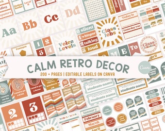 Editable Boho Classroom Decor Bundle, Calm Colors Class Theme Complete Collection, Canva Classroom Decor Template, Retro Sun Class Posters