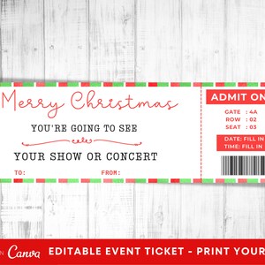 Druckbare Konzertkarte Weihnachtsgeschenkidee, bearbeitbares Ereignisticket Weihnachtsgeschenk, Drucken Sie sich selbst Ticketgeschenk, Überraschungskonzertticketgeschenk