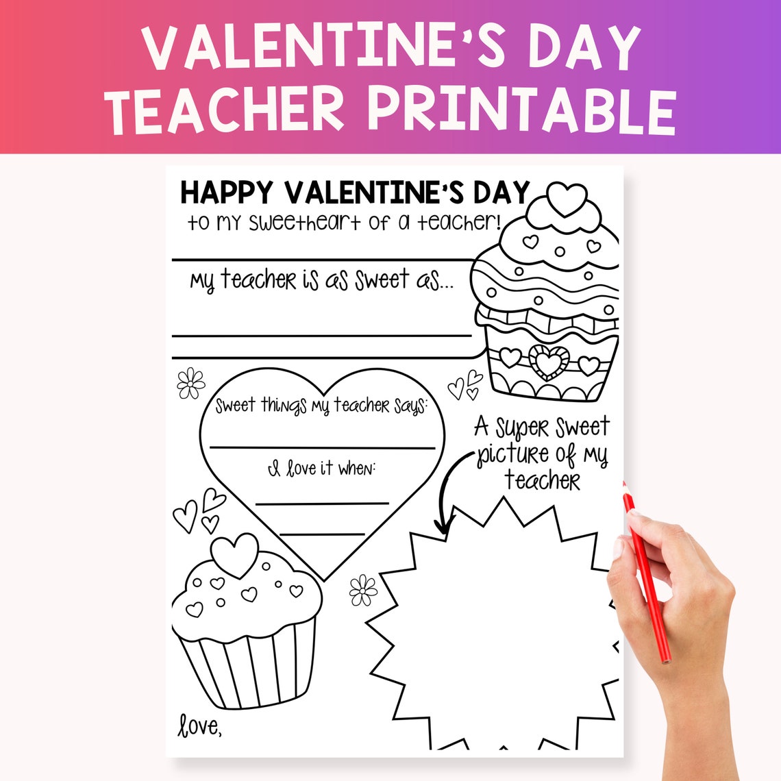 Valentine's Day Teacher Printable Card, Valentine's Day School Teacher ...