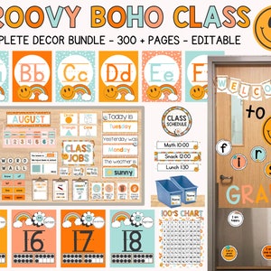 Groovy Smiley Classroom Decor Bundle, Complete Boho Classroom Collection, Boho Retro Classroom Theme Printables, Editable Classroom Posters