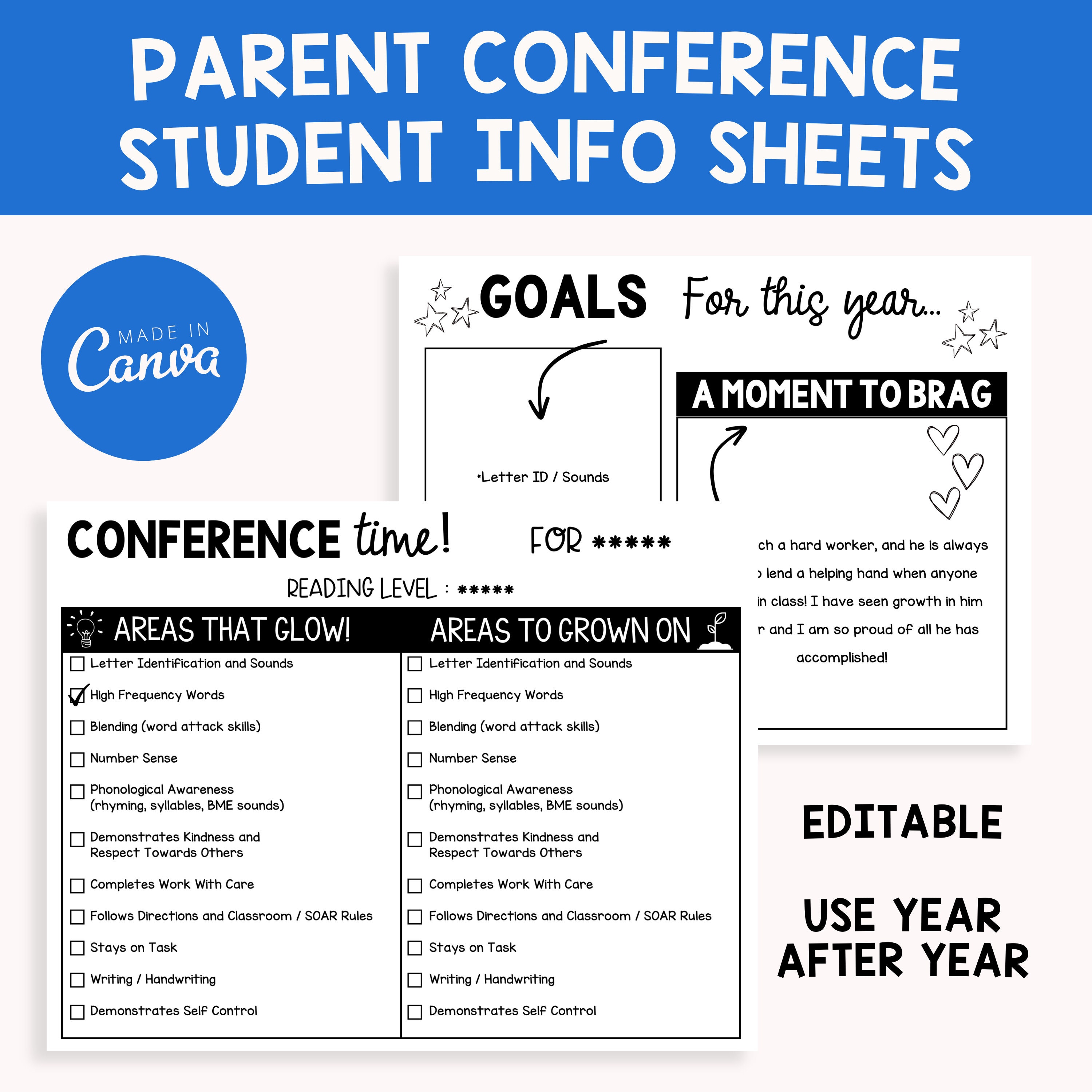 Editable Parent Teacher Conference Sheets, Things to Glow on Back to ...