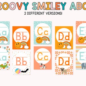 Classroom Alphabet Posters Groovy Smiley Theme, Retro Classroom ABC Posters, Boho Homeschool Alphabet Decor, Primary Class Decor