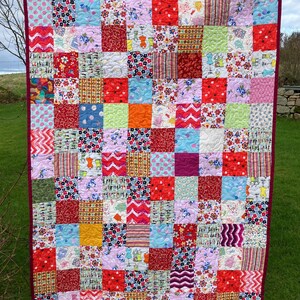 May include: A colourful patchwork quilt with a burgundy border, displayed outdoors. The quilt features a grid of squares with various patterns, including floral, geometric, and striped designs. The quilt is hanging on a washing line.