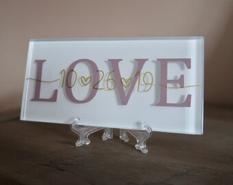 Personalized Decorative LOVE Glass Tile Custom Made Home Decor Couple Names Beautiful Display Unique Gift