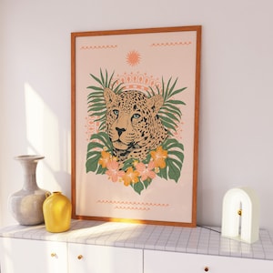 Leopards Wall Art, Leopard Wall Decor, Tropical Plants Print, Boho Leopard Art, Floral Leopard Printable, Exotic Animal, Digital Download