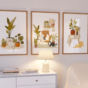 Set of 3 Printable Boho Cats and House Plants Wall Art, Cats and House Plants Poster, Set of Cat Art Prints, Cat Artwork, Abstract Cat Plant