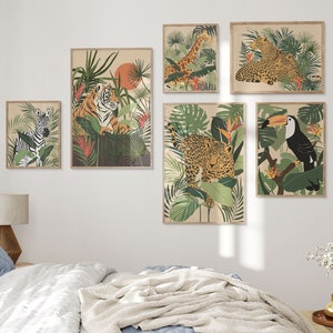 Set of 6 Tropical Plants and Animal Prints, Home Gallery Wall Art, Leopards Print, Zebra Artwork, Tiger Poster, Jungle Art Digital Prints