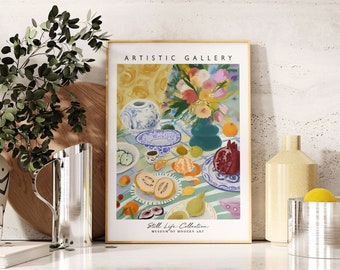 Kitchen Wall Art, Dining Room Wall Decor, Still Life Poster, Fruit Wall Art, Table Food Print, Colorful Kitchen Poster, Digital Download