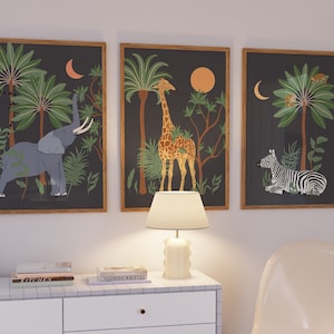 Set of 3 Animal and Jungle Night Prints, Jungle Digital Prints, Set of 3 Tropical Plants and Animal, Giraffe, Zebra, Elephant Art Posters