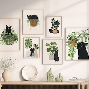 Set of 6 Printable Cat and Plants Arts, Black Cat Print Bundle, Set Of 6 Wall Poster, Cat Digital Print, Cute Cat Poster, Printable Cat Set