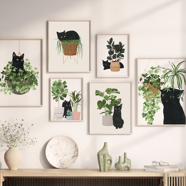 Set of 6 Printable Cat and Plants Arts, Black Cat Print Bundle, Set Of 6 Wall Poster, Cat Digital Print, Cute Cat Poster, Printable Cat Set