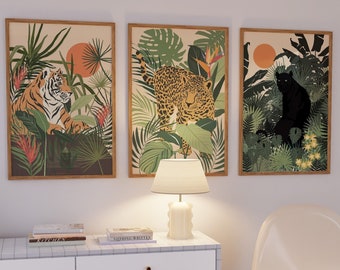 Set of 3 Jungle Animal Art, Tiger Sun Jungle, Leopard Digital Print, Black Panther Wall Art, Tropical Plant, Home Wall Decor, Set of 3 Print