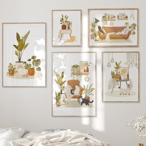 Set of 5 Boho Interior And Cats Wall Art, Abstract Cats And Plants Art Print Set Of 5, Cat Print Bundle, Cat Gallery Wall Art,DIY Wall Decor