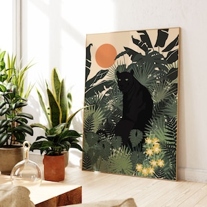 Black Panther Printable, Tropical Plants Print, Jungle Animal Print, Boho Jungle Art, Home Wall Decor, Panther Wall Art, Jungle Sun Poster