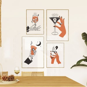 Set of 4 Spooky Wall Art, Skull Coffee Art, Halloween Kitchen Print, Witch Cocktail Art, Printable Drink, Halloween Home Decor, Witchy Drink