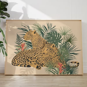 Leopards Digital Print, Printable Leopard Wall Decor, Tropical Plants Print, Boho Leopard Art, Cheetah Digital Download, Wild Cat Poster