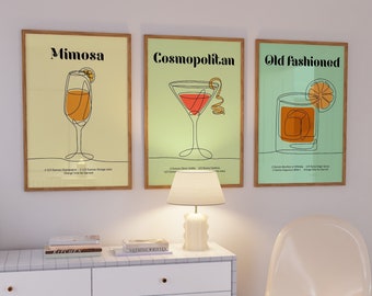 Set of 3 Cocktail Wall Art, Home Bar Decor, Colorful Drink Print, Cocktail Line Drawing, Minimalist Cocktail, Cocktail Artwork, Bar Cart Art