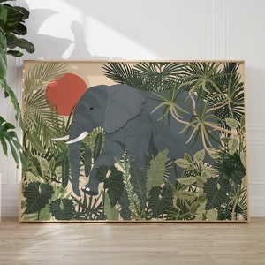 Elephant Wall Art, Boho Elephant  Print, Tropical Jungle Art, Wild Animal Art, Elephant Illustration, Elephant digital Print, Tropical Plant