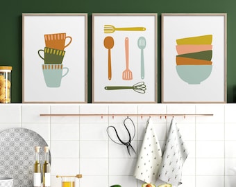 Set of 3 Kitchen Art Prints, Cooking utensils Print, Boho Kitchen Wall Decor, Minimal Kitchen, Dining Room Print, Kitchen Artwork Poster