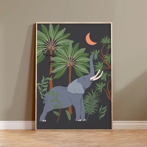 Printable Elephant Wall Art, Boho Elephant Print, Tropical Plant Print, Jungle Artwork, Elephant Digital Print, Jungle Night Print, Moon Art