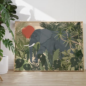 Elephant Wall Art, Boho Elephant  Print, Tropical Jungle Art, Wild Animal Art, Elephant Illustration, Elephant digital Print, Tropical Plant