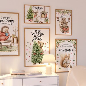 Set of 5 Christmas Print, Holiday Gallery Wall Art, Christmas Animal Watercolor, Winter Animal Art, Set of 5 Winter Art, Digital Download image 1