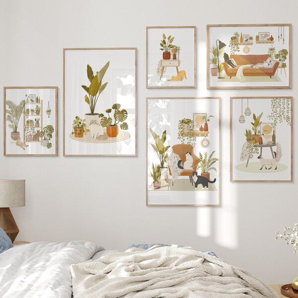 Set of 6 Printable Cat and Home Plants Arts, Cat Print Bundle, Cat Gallery Wall Art, DIY Wall Decor, Set Of 6 Wall Poster, Cat Digital Print