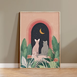 Cats and Tropical Plants Wall Art, Cats Artwork, House Plants And Cat Print, Cat Plant Lovers, Botanical Art, Boho Cats Poster, La Luna Art