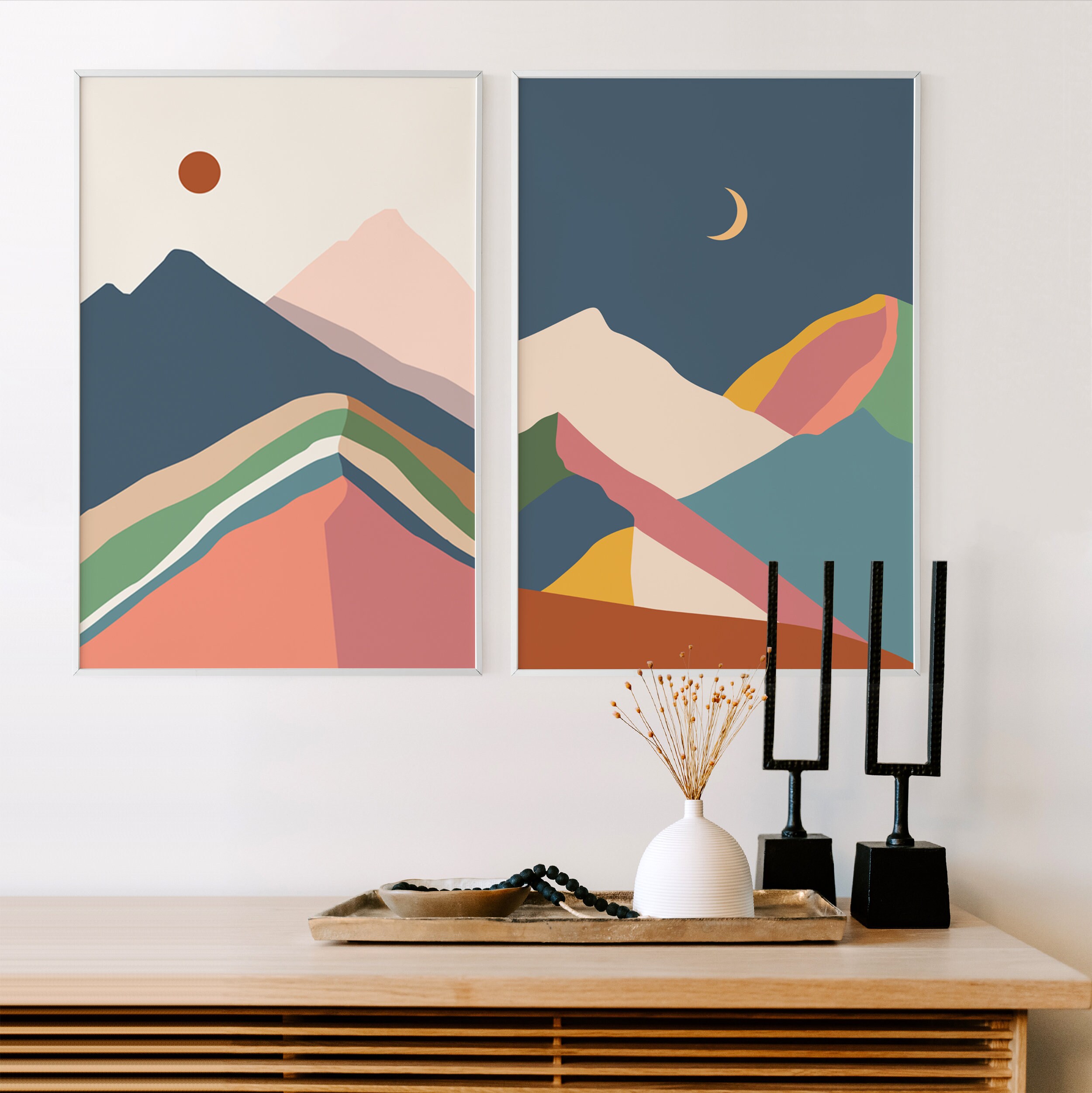 Boho Mountain Wall Art AbstractLandscape Poster Colorful Etsy