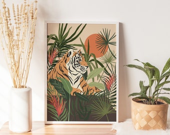 Printable Tiger Wall Art, Boho Tiger Print, Tropical Jungle Art, Wild Animal Poster, Tiger Illustration, Tiger digital Print, Jungle Theme