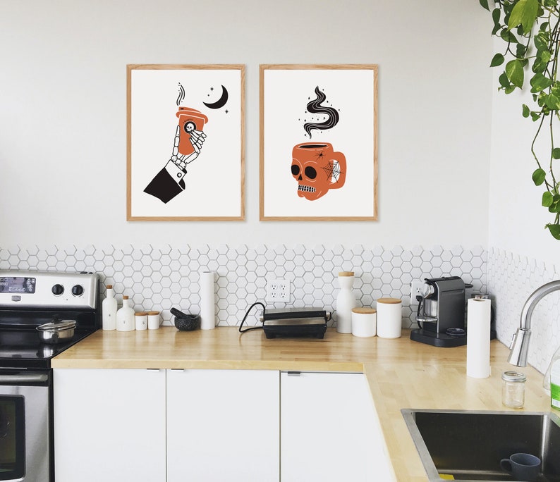 Set of 2 Coffee Wall Art, Skull Hand Coffee, Halloween Home Decor, Skull Wall Art, Halloween Digital Art, Spooky Coffee Print, Coffee Lover image 6