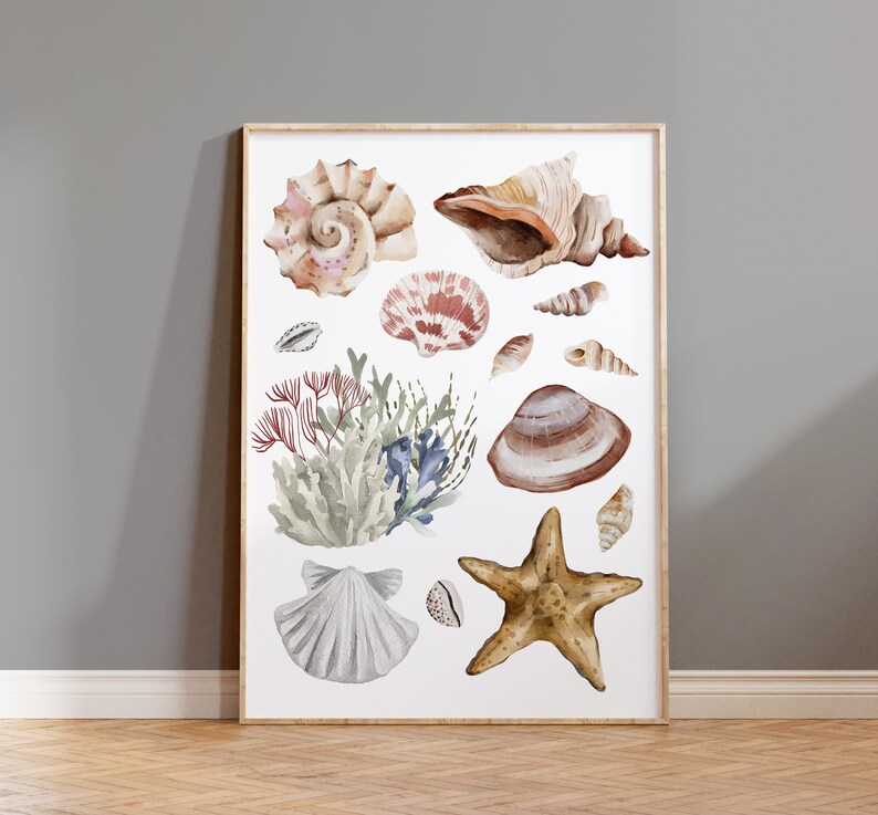 Sea shells Wall Art, Nautical printable, Coastal Home Decor, Beach Wall Decor, Beach House Art, Beach Theme Art, Coral Art, Digital Download image 1