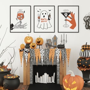 Set of 3 Bar Cart Prints, Halloween Home Decor, Kitchen Wall Art, Bar Digital Print, Witchy Printable, Spooky Digital Print, Skull Art Print image 2