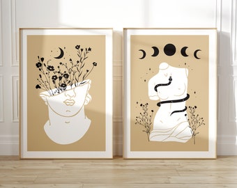 Set of 2 Abstract Statue and Flower Print, Mystical Moon Digital Print, Celestial Art Poster, Neutral Floral Poster, Set of 2 Modern Art