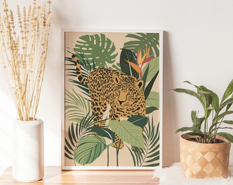 Printable Leopard Wall Art, Leopard and Tropical Plants Print, Boho Leopard Art, Cheetah Digital Download, Wild Cat Poster, Cheetah Poster
