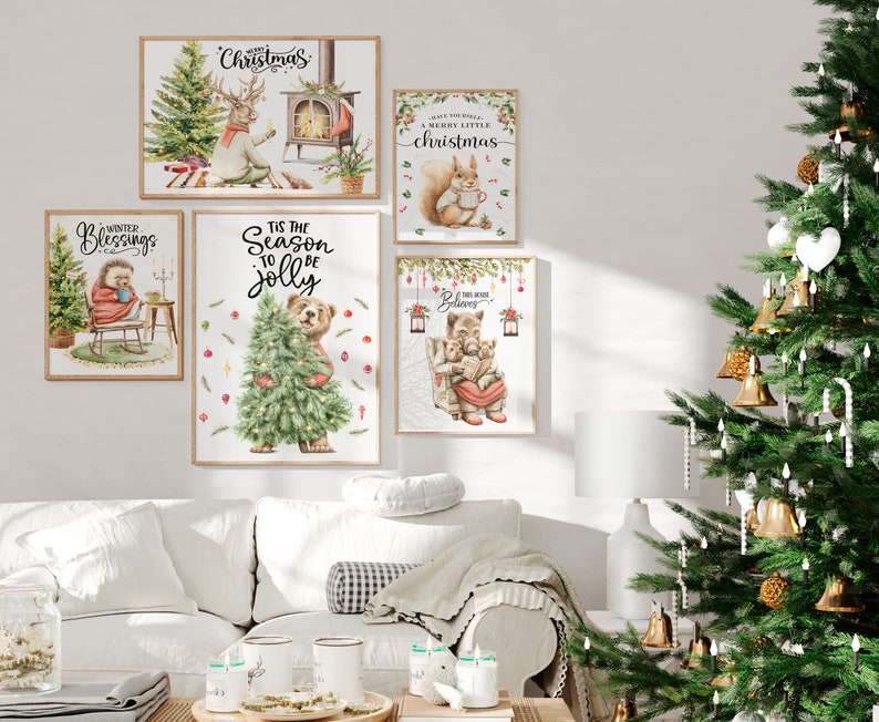 Set of 5 Christmas Print, Holiday Gallery Wall Art, Christmas Animal Watercolor, Winter Animal Art, Set of 5 Winter Art, Digital Download image 2