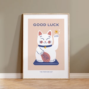 Printable The Fortune Cat Wall Art, Lucky Cat Print, Cat Lover Gift, Good Luck Quote Poster, Maneki Neko Print, Cat Home Decor, Trendy Print