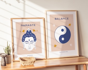 Set of 2 Oriental Wall Art, Buddha Poster, Yin and Yang Print, Zen Art Print, Namaste Quote Print, Spiritual Poster, Modern Buddhist Print
