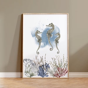 Seahorse Watercolor Poster, Nautical Home Decor, Coastal Wall Decor, Sea Creature Printable, Digital Seahorse Print, Seahorse Watercolor Art